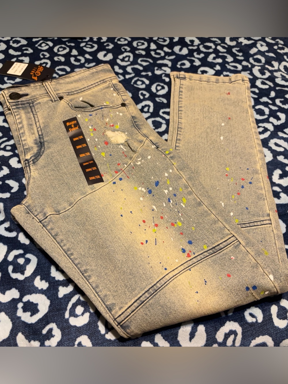 Light Wash Slim-Straight Jeans with Multicolor Paint Detail